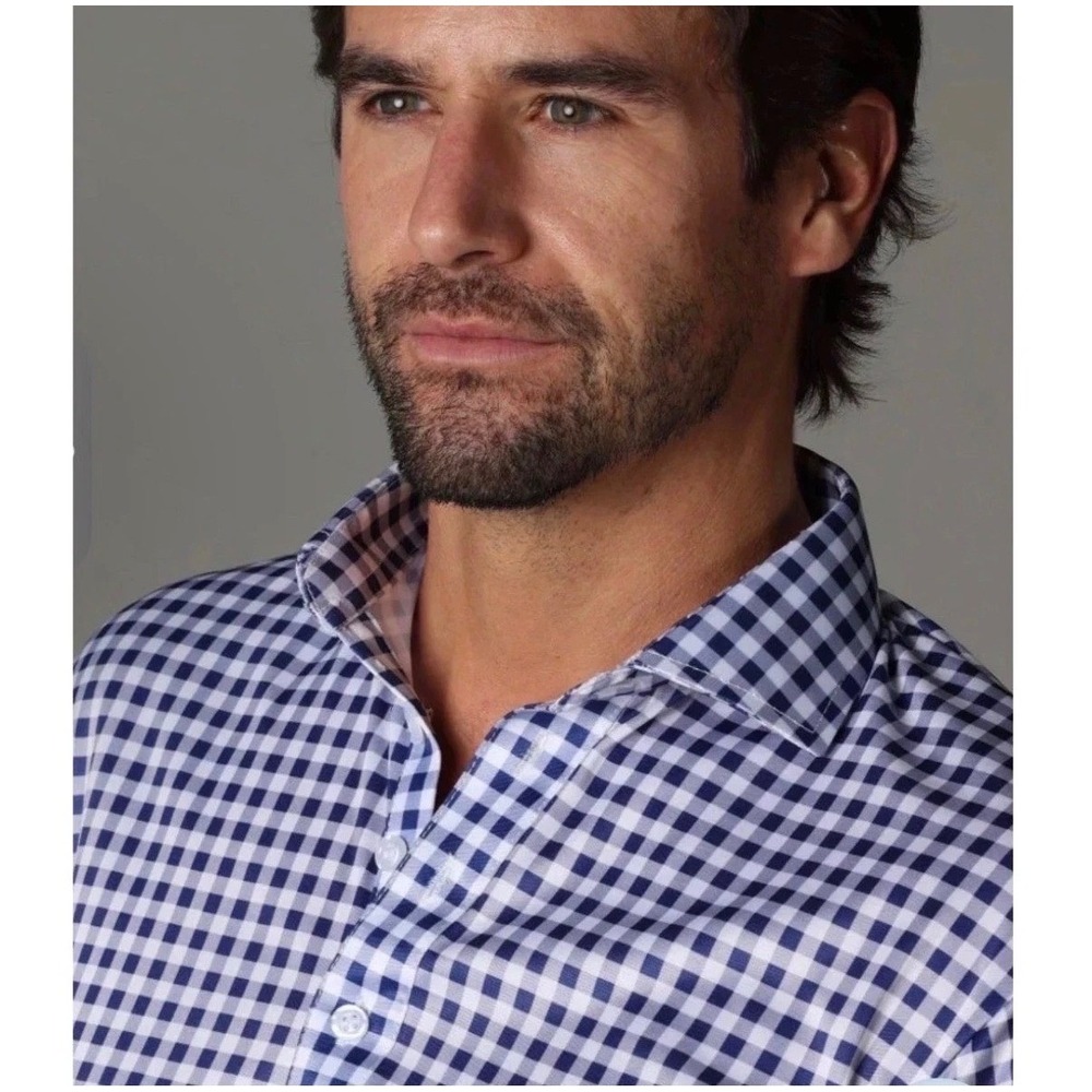 Collars & Co Men 3XL Polo Shirt Navy White Gingham Dress Collar Performance NEW - Picture 2 of 9